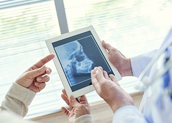 Digital x-rays of skull and jawbone used in diagnosis and T M J therapy planning