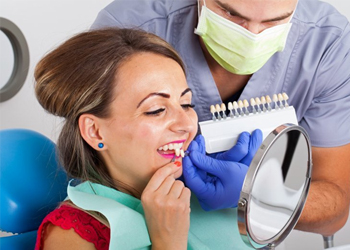 Patient's smile compared to porcelain veneers shade chart